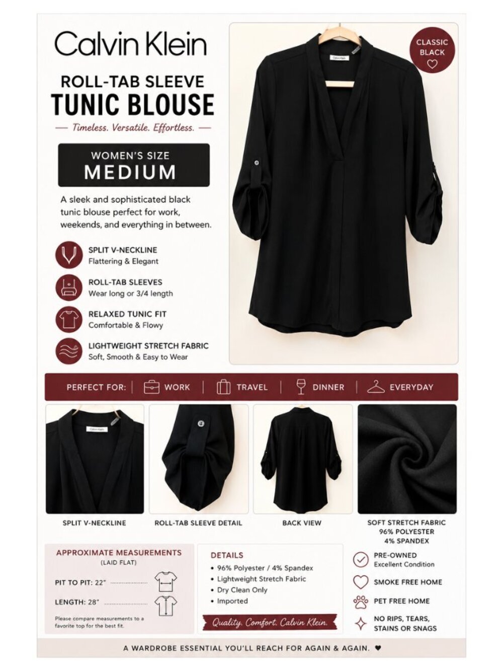 Calvin Klein Black Roll-Tab Sleeve Tunic Blouse | Women's Medium